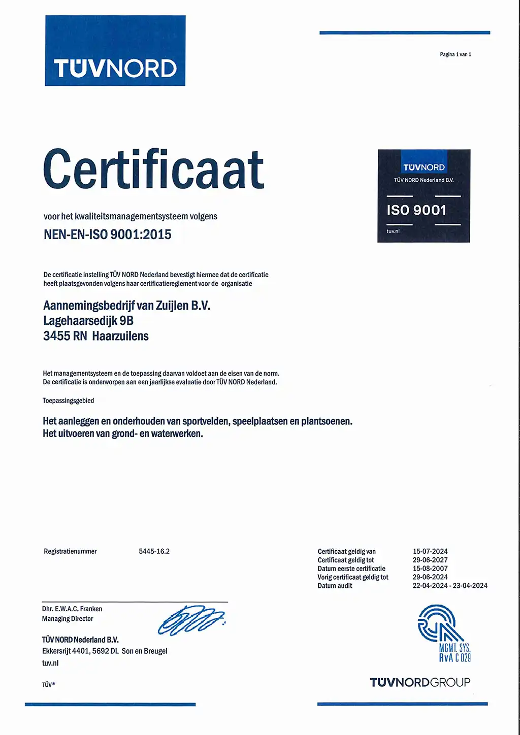 Certificaat iso 9001 geldig tot 29-6-27